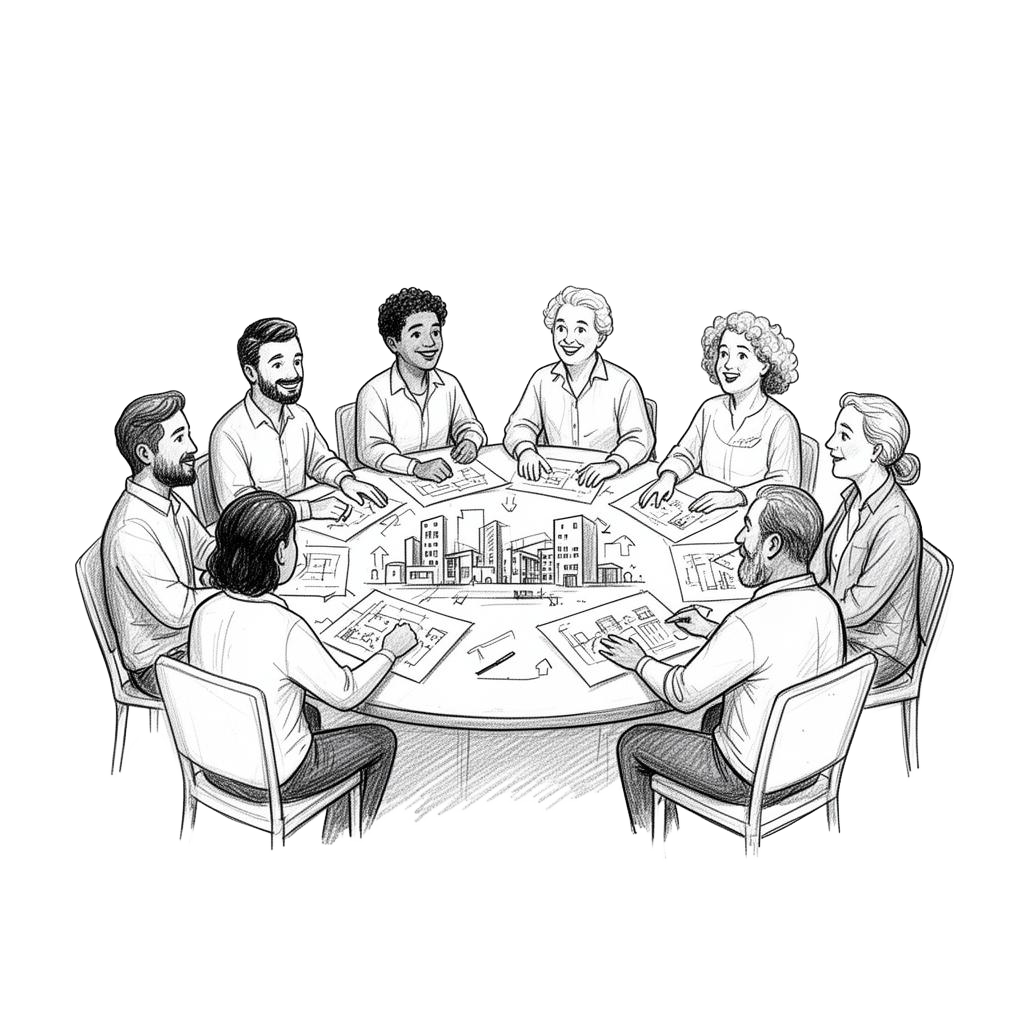 Skizzenhafte Szene mit Menschen, die gemeinsam an Ideen arbeiten.
